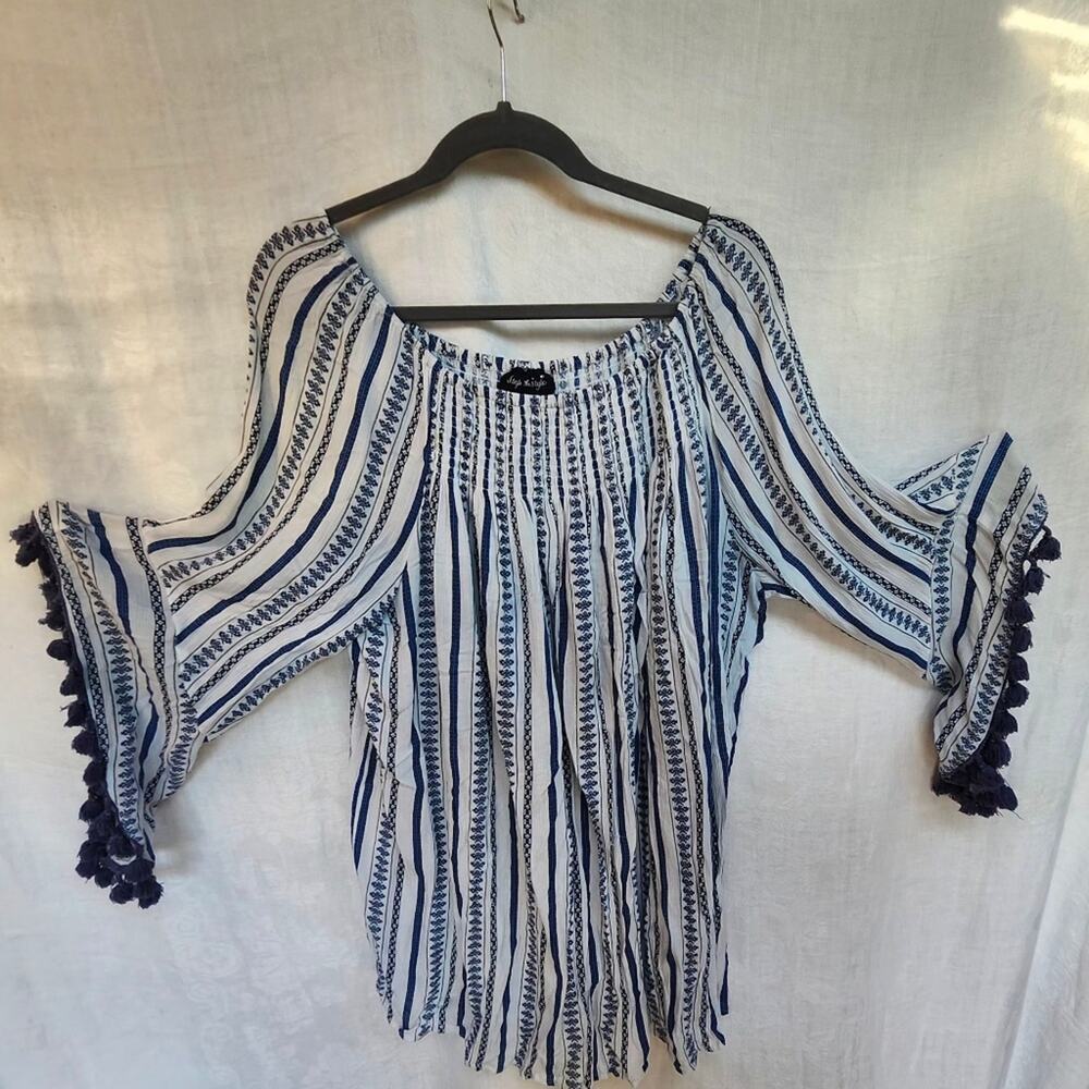 Plus Size 1X Boho Gauzy Pom Pom Detailed Peasant Top Smocked Off Shoulder